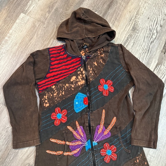 Rising International Patchwork Longline Hoodie Jacket Women M Brown Boho Artsy - Picture 2 of 9